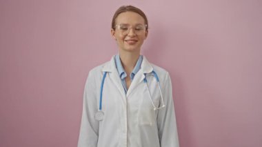 Steteskoplu gülümseyen kadın doktor pembe bir duvara başparmak kaldırıyor, gözlük takıyor ve beyaz laboratuvar önlüğü giyiyor, pozitifliği ve sağlık hizmetleri profesyonelliğini iletiyor..