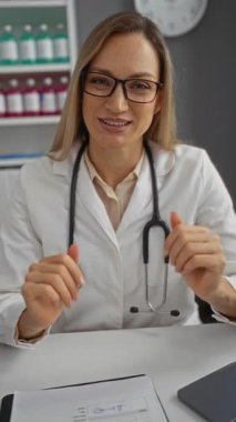 Klinikte beyaz önlüklü ve steteskoplu bir kadın kameraya konuşuyor. Etrafı tıbbi malzemelerle çevrili. Profesyonel bir sağlık hizmeti sunuyor..