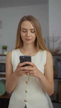 Modern ofis ortamında akıllı telefon kullanan, raflar ve dekorlarla çevrili bir kadın, teknoloji ve profesyonel çevrenin bir karışımını sergiliyor.