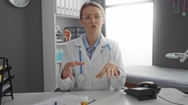 Klinikteki kadın doktor, masa başında evraklar ve steteskopla, profesyonel bir sağlık ortamını modern ortamlarda sergileyerek anlatıyor..