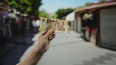 Arka planda bulanık sokak tezgahları olan ve Hungary 'deki yerel ticaretin özünü yakalayan bir adam açık hava pazarında Macar forint banknot tutuyor..