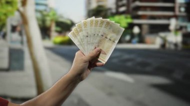 Elinde Danimarka kronu banknotları olan bir adam açık havada para ve zenginliği vurgulayan finansal konsept sergiliyor..