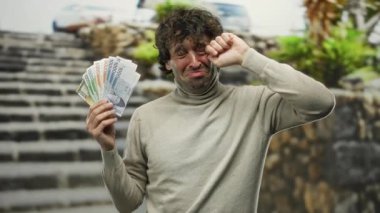 Güney Kore banknotlarını elinde tutan İspanyol bir adam yüzünde neşeli ama ağlamaklı bir ifadeyle şaşkınlık ve inançsızlığı somutlaştırıyor..