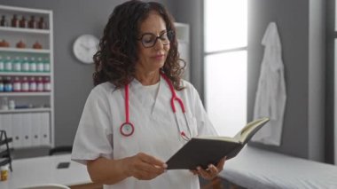 Klinikte steteskop ve tıbbi ekipmanlarla kitap okuyan kadın doktor, işyerinde odaklanma ve konsantrasyon gösteriyor.