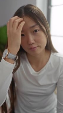 Yatak odasındaki kadın saçını düşünceli bir ifadeyle düzeltiyor, dingin güzellik ve sükunet sergiliyor, gündelik beyaz elbiseler giyiyor, modern bir iç mekan..