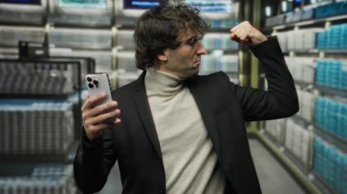 Süpermarkette genç bir adam, akıllı telefonu kapalı bir yerde tutarken, ticari bir ortamda gücünü ve iletişimini gösterirken kendine güvenen bir ifadeyle kolunu esnetiyor..