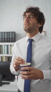 Ofis ortamında kahvesini yudumlayan genç bir adam. Gözlük takarken düşünceli görünüyor. Beyaz gömlek ve arkasında kitaplarla dolu mavi bir kravat..