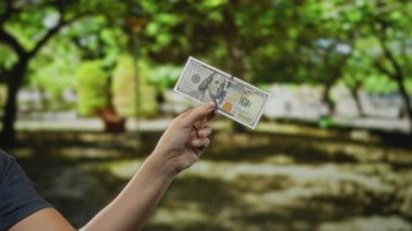 Sunny Park ortamında Amerikan Doları banknotunu elinde tutan adam para ve doğa odaklı finansal konsepti ve açık hava yaşam tarzını gözler önüne seriyor..
