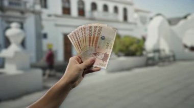 Güney Kore 'yi elinde tutan adam bir şehir caddesinde nakit, finans ve açık hava işlemleri kavramını vurgulayarak banknotlar kazandı..