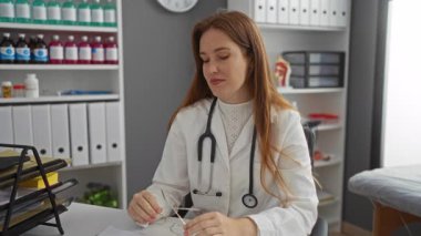 Modern klinikte steteskobu olan kadın doktor, masasında oturuyor, tıbbi malzeme ve dosyalarla çevrili, profesyonellik ve sağlık ortamını gösteriyor..