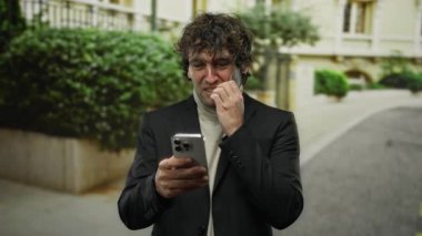 Genç adam endişeli görünüyor şehir caddesinde telefonunu kontrol ederken, kıvırcık saçlı ve balıkçı yakalı bir takım elbise giyiyor, bir endişe ve tefekkür duygusu sergiliyor.