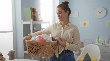 Çamaşır odasında çamaşır sepeti tutan kadın, günlük giysiler giyiyor, pencereden süzülen güneş ışığı, ev eşyalarıyla çevrili, ev hayatını ve rutin hayatını aktarıyor..
