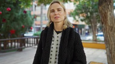 Şehir parkındaki sarışın kadın, güvenli bir şekilde etrafı ağaçlarla ve şehir manzarasıyla çevrili..