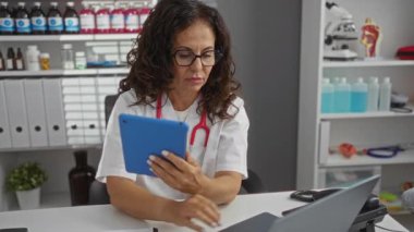 Tıbbi malzeme ve ekipmanlarla çevrili klinikte tablet kullanan kadın doktor, teknoloji ve uzmanlığa odaklı profesyonel bir sağlık ortamını öneriyor..