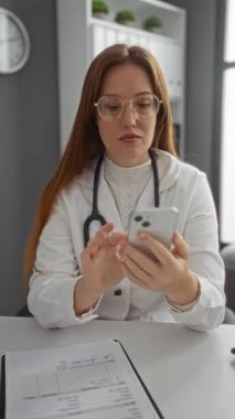 Modern bir klinikte akıllı telefon kullanan beyaz önlüklü ve gözlüklü bir doktor masada tıbbi evrakları sergiliyor..