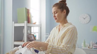 Kadın, ev çamaşırhanesinde bir gömlekte, raflar ve ev eşyaları ile rutin bir temizlik görevini yerine getirirken şaşkınlık gösteren bir leke buluyor..