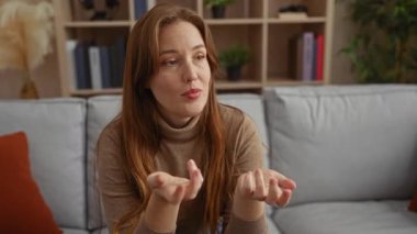 Kitaplar ve bitkilerle çevrili, rahat bir oturma odasında konuşan bir kadın sohbet sırasında kendini ifade ediyor ve ilgi çekiyor..