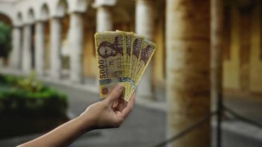 El ele tutuşan Macar banknotları eski bir üniversite ortamının dışında, sütunları görünürde..