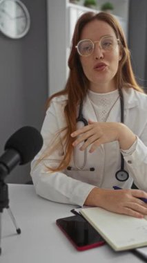 Klinikte mikrofona konuşan, gözlüklü ve steteskop takan, masada not defteri ve telefonu olan bir kadın doktor profesyonel bir tıbbi ayar öneriyor..