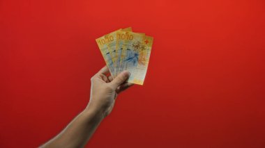 Elinde İsviçre frangı tutan bir adam kırmızı izole bir arka plan duvarının üzerinde, canlı para ve finansal tema gösterisiyle göze çarpan banknotlar sergiliyor.