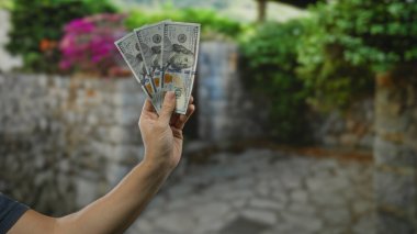 Bir şehir caddesinde elinde Amerikan doları tutan adam bulanık bir şehir geçmişine karşı açık havada para ve finans gösterisi yapıyor..