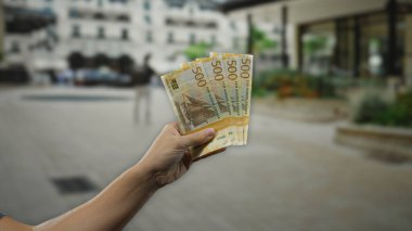 Şehrin işlek bir caddesinde Norveçli Krone banknotları tutan bir adam açık şehir ortamında para ve finans teması sergiliyor.