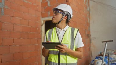 İnşaat alanında çalışan genç Çinli bir adam, güvenlik donanımı takıyor ve yarı yapılı bir evde tablet tutuyor..