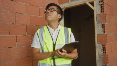 Yansıtıcı yelek giyerken elinde pano tutan bir inşaat alanını inceleyen genç adam.