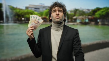 Arjantin pesolarını açık hava parkı ortamında gururla tutan adam kendine güvenen bir ifadeyle başarı ve finansal refah kavramını vurguluyor..