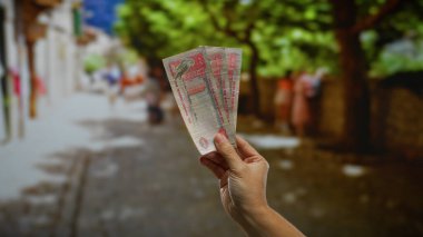 Bulanık bir geçmişi olan, Birleşik Arap Emirlikleri 'nde canlı bir şehirde para, finans ve seyahat sergilenen şehir banknotları tutan adam..