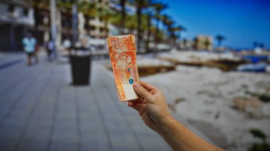 Güneşli bir sahil caddesinde el ele tutuşan Filipinli 20 peso banknot palmiye ağaçları ve bulanık arka plan, boş zaman ve turizm faaliyetlerini gösteriyor.