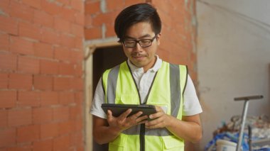 Yansıtıcı yelek giyen genç Çinli adam inşaat alanını tabletle birlikte inceliyor.