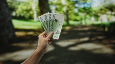 Güney Kore 'yi elinde tutan adam açık havada yeşil bir parkta yumuşak doğal ışıkla, huzurlu ve huzurlu bir atmosfer yaratarak, başarı ve refahı simgeleyen banknotlar kazandı..