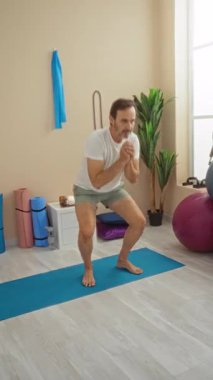 İçerideki sağlık odasında yoga minderi üzerinde egzersiz yapan bir adam. Bitkiler, fitness topları ve egzersiz ekipmanları, sakin ve odaklanmış bir çalışma ortamını somutlaştırıyor..
