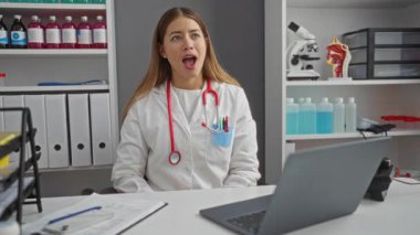 Üniformalı, başarılı bir fikri olan beyaz bir kadın kliniği işaret ederek mutluluk ve başarı yayıyor.