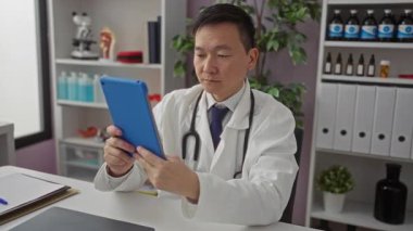 Klinikte beyaz önlük giyen genç bir adam boynunda steteskop olan bir tablet kullanırken çevresi kapalı profesyonel ortamlarda tıbbi malzemelerle çevrili..