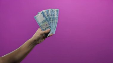 İzole edilmiş mor bir duvara karşı Macar banknotları tutan adam, el ve para birimine odaklı parasal değer ve finans kavramı sergiliyor..