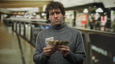Bir alışveriş merkezinde İngiliz sterlini tutan adam, yoğun bir alışveriş çevresi ile çevrili, çeşitli duygular sergiliyor..