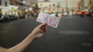 Şehir sokaklarında el ele tutuşan Türk lira banknotları bulanık kentsel geçmişe sahip, ticaret ve finans kavramını tasvir eden, hareketli bir ortamda açık havada bir erkek..