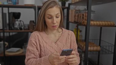 Modern ofis ortamında akıllı telefona bakan bir kadın masasında otururken düşünceli görünüyor. Etrafı raflarla çevrili ve mutfak aletleriyle dolu..