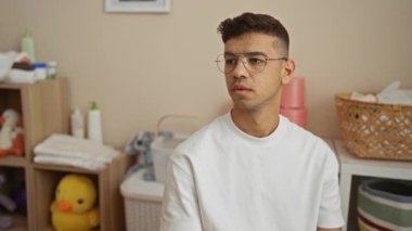 Gözlüklü genç bir adam klinik odasında bebek eşyalarıyla oturup düşünceli bir ifade sergiliyor..