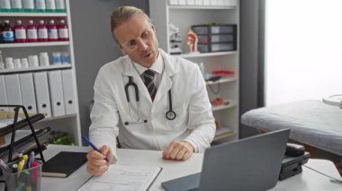 Erkek doktor klinikte notlar yazıyor. Teletıp danışmanlığı için dizüstü bilgisayar kullanıyor. Etrafında tıbbi aletler ve evraklar var..