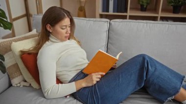 Modern oturma odasındaki rahat koltukta kitap okuyan bir kadın. Hafif dekor ve günlük kıyafetlerle. İçerde huzurlu ve rahat bir atmosfer yaratıyor..