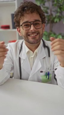 Beyaz önlük ve steteskop ile klinik odasında güvenle gülümseyen genç İspanyol erkek doktor, tıbbi bir iş ortamı yaratıyor..