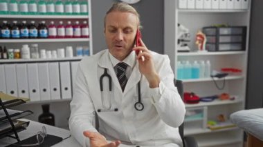 Klinikte beyaz önlüklü bir doktor telefonda konuşuyor. Etrafı tıbbi malzeme ve dosyalarla çevrili. Bu da yoğun bir hastane ortamını gösteriyor..