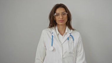 Beyaz arka planda gülümseyen esmer kadın gözlük takıyor ve steteskop takıyor. Tıbbi profesyonellik gösteriyor..