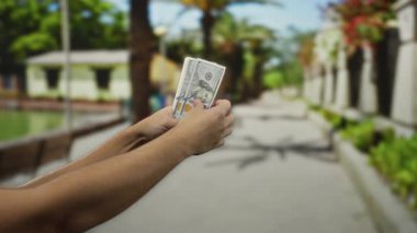 Güneşli bir şehir caddesinde Amerikan dolarlarını elinde tutan adam, yeşillikli bir şehir ortamında finansal başarı ve zenginlik kavramını gözler önüne seriyor..