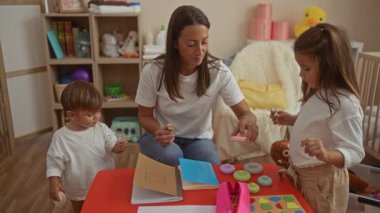 Oğlu ve kızı olan bir kadın evde birlikte oynuyor, sıcak bir odada oyuncaklar ve kitaplarla bir aile anını paylaşıyor..