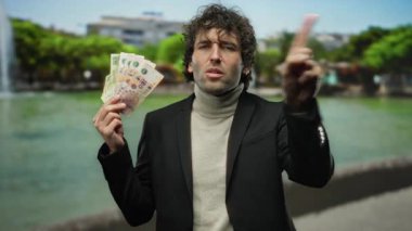 Parktaki Arjantinli adam peso tutuyor, parmağıyla hayır işareti yapıyor, açık hava ortamında mali uyarı veya isteksizlik tasvir ediyor..