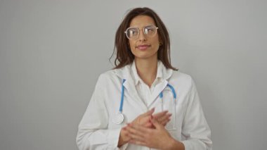 Gözlüklü ve steteskoplu kadın doktor izole edilmiş beyaz arka planda gülümsüyor ve kendine güvenini ve yaklaşımını ifade ediyor..